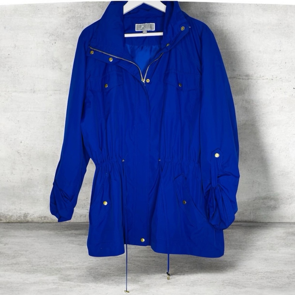 JM Collection Royal Blue Hooded Rain Anorak Jacket pockets roll sleeves Size XL